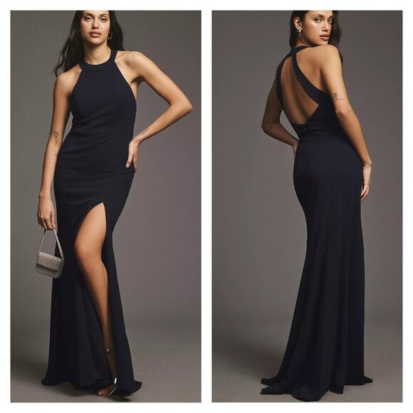 BHLDN Dresses & Skirts - BHLDN Anthro 6 Black Juliana High Neck Halter Crepe Maxi Dress Formal Bridesmaid